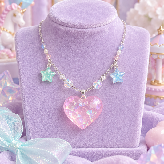 Silver-tone Fairy Kei necklace with translucent pink heart and pastel star charms