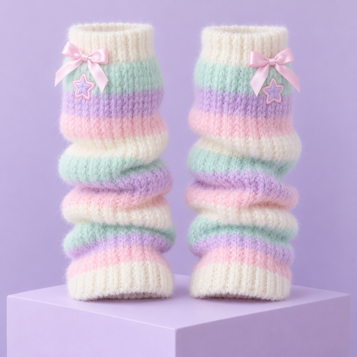 Pastel striped Fairy Kei leg warmers with bows and embroidered stars