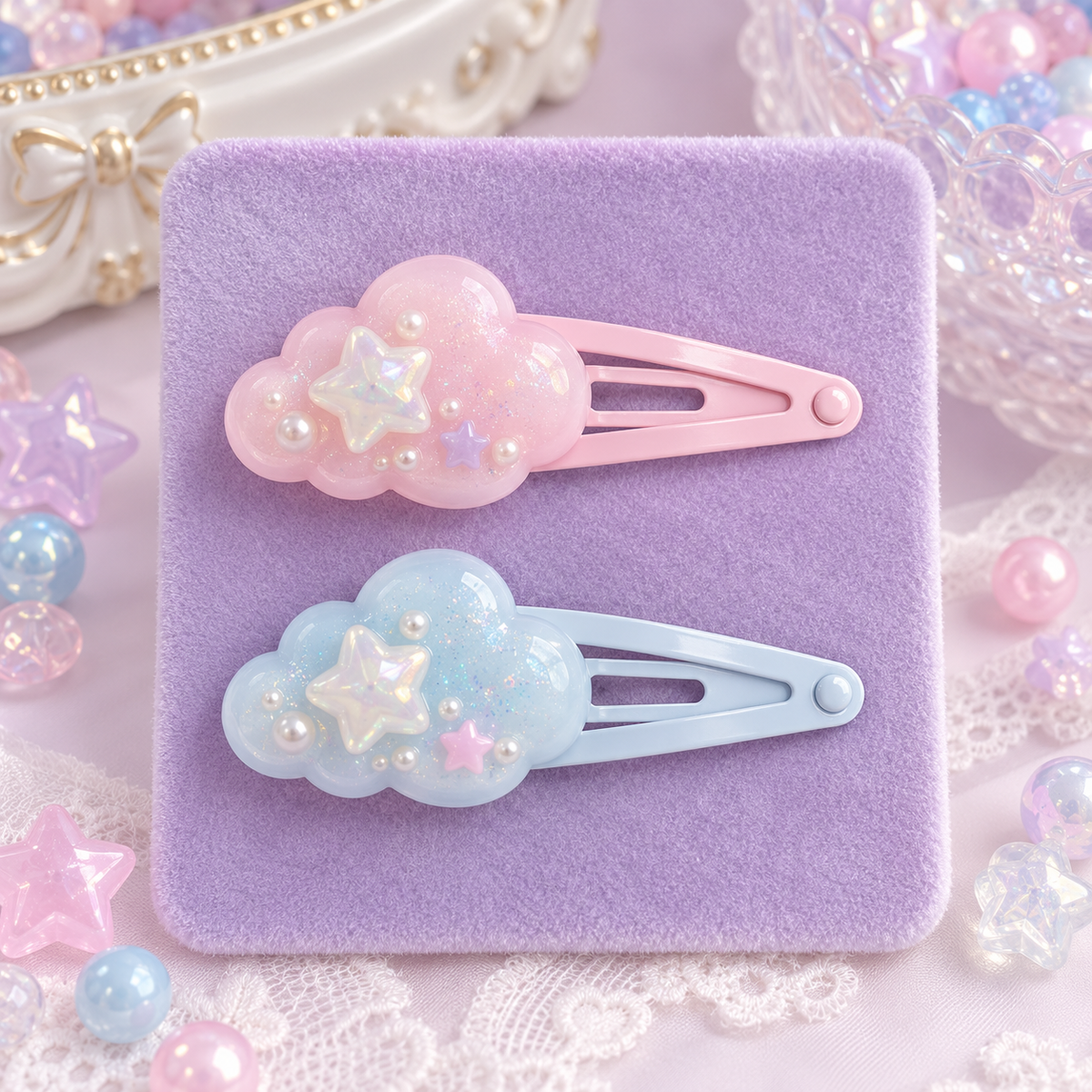 Pastel pink and blue cloud hair clips with star and pearl accents