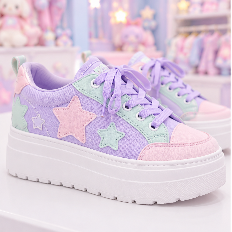 Close detail of lavender platform sneakers with pastel star patches