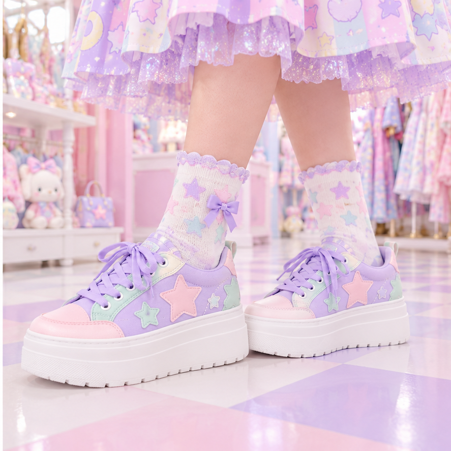 Fairy Kei platform sneakers styled with pastel socks and a skirt