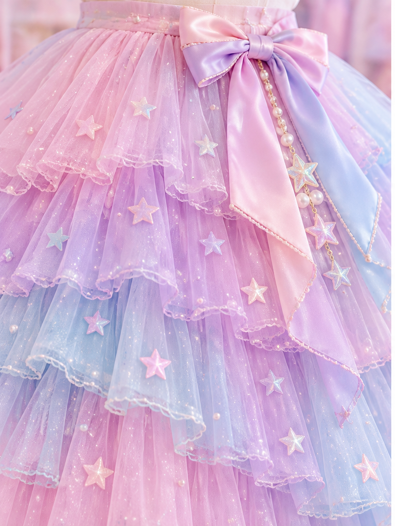 Close detail of the pastel Fairy Kei skirt's tulle layers and satin bow