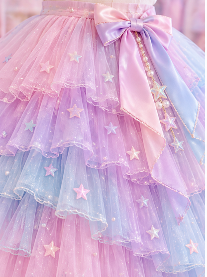Close detail of the pastel Fairy Kei skirt's tulle layers and satin bow