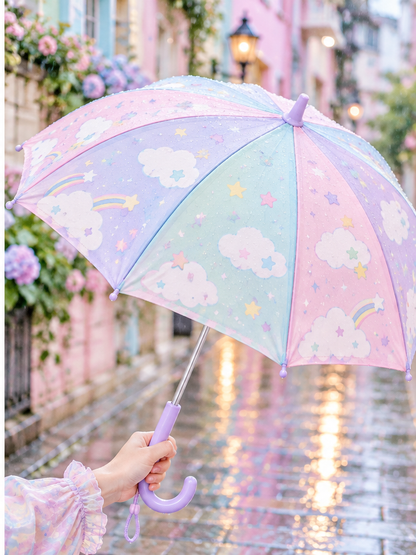 Fairy Kei pastel umbrella held open on a rainy pastel street