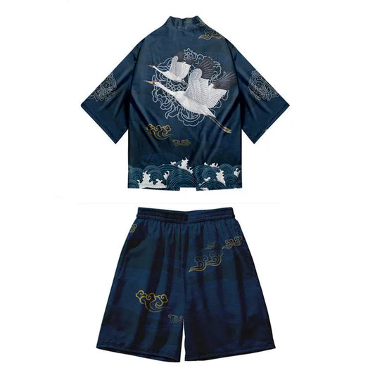 Conjunto de pantalones cortos azul marino Haori de Flying Crane