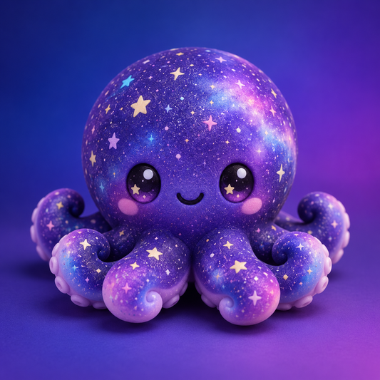 Purple galaxy octopus kawaii squishy toy on a blue violet backdrop