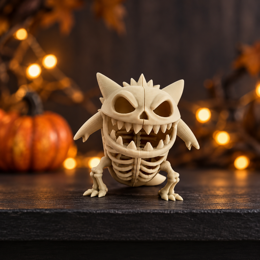 Gengar Skeleton Halloween Figure in beige with sculpted skeletal details displayed on a dark shelf with Halloween decorations