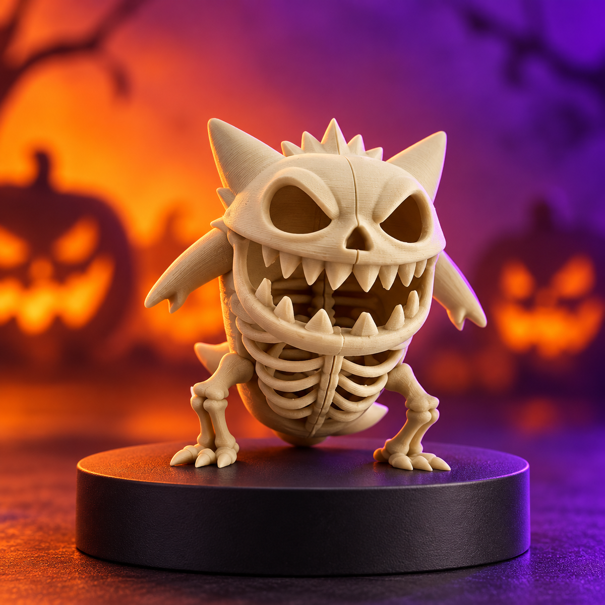 Gengar Skeleton Halloween Figure product mockup with vibrant Halloween backdrop and pedestal