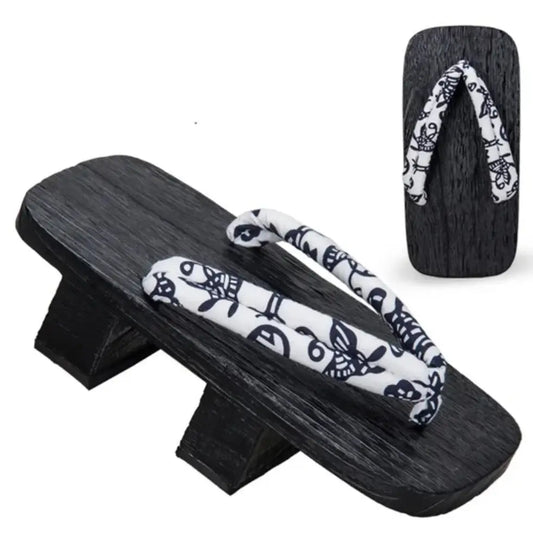 Ethnic Pattern Black Geta Sandals
