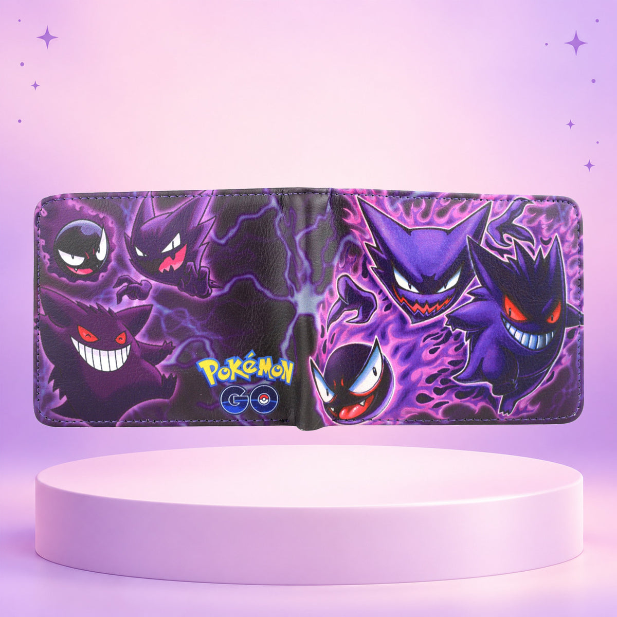 Ghost Types wallet opened flat on a soft pink and lilac display pedestal