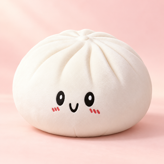 Giant Dumpling Squishy Plush front three-quarter view on a soft pink studio background