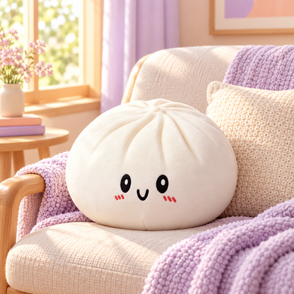 Giant Dumpling Squishy Plush on a pastel reading nook chair
