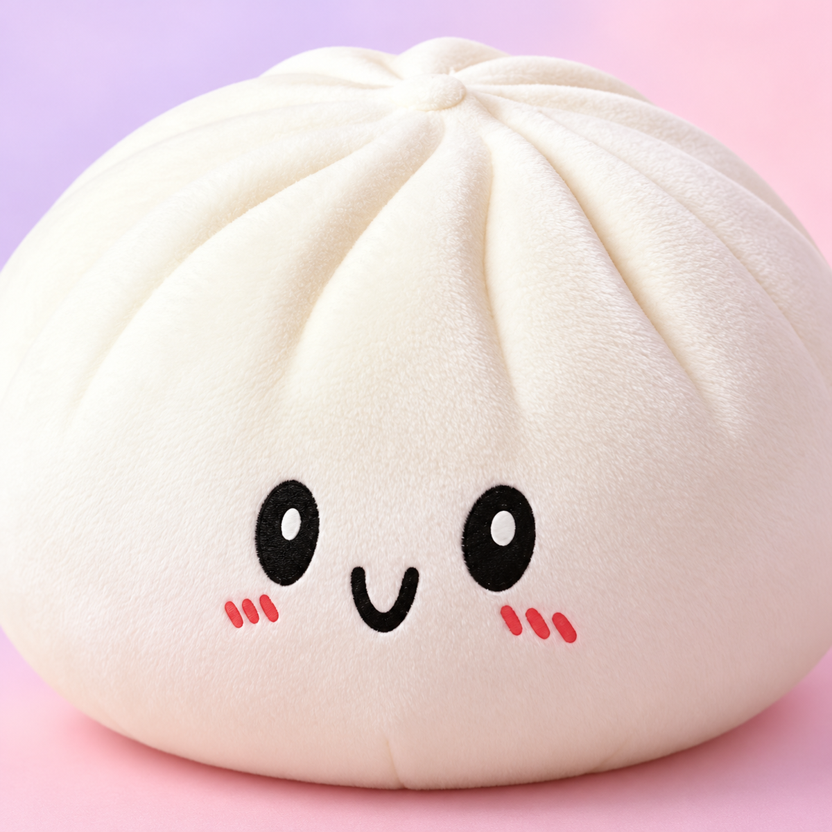 Close-up of Giant Dumpling Squishy Plush face and soft ivory texture