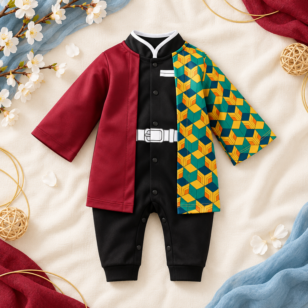 Front view of Giyu baby onesie with wine-red and geometric panels