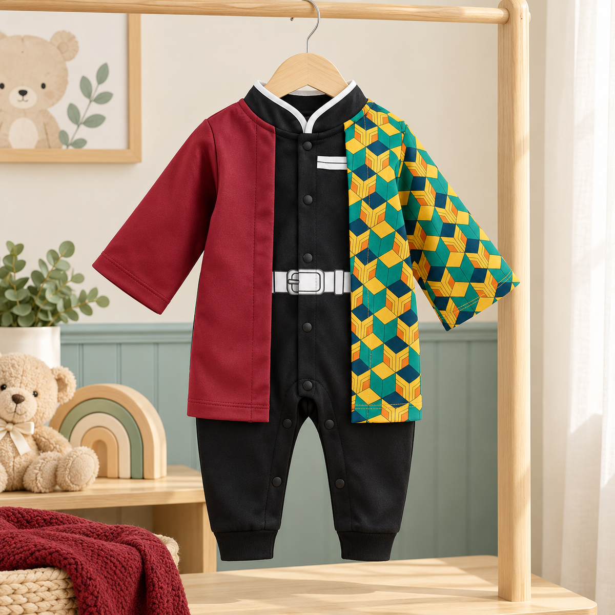 Giyu baby onesie on a hanger in a bright nursery