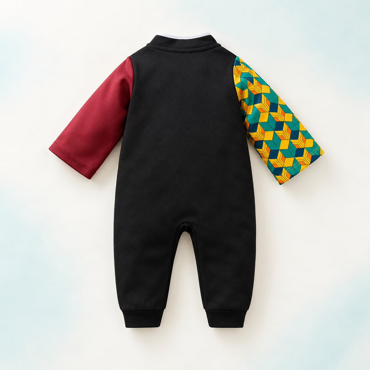 Back view of Giyu baby onesie with split-color sleeves
