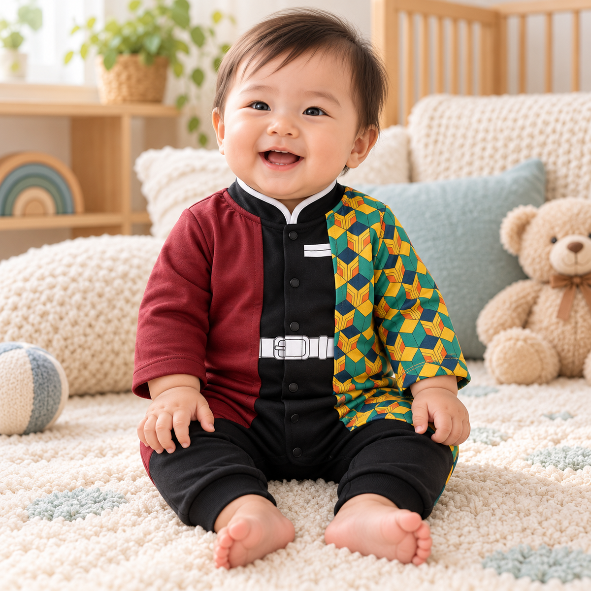 Asian baby wearing Giyu anime baby onesie