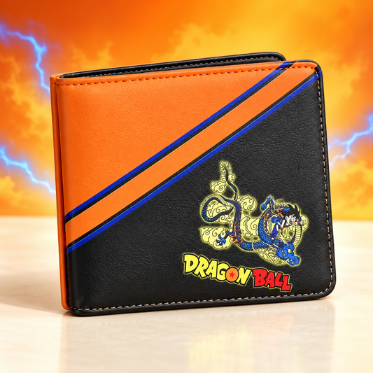 Goku Dragon anime wallet front view with orange, black and blue panels