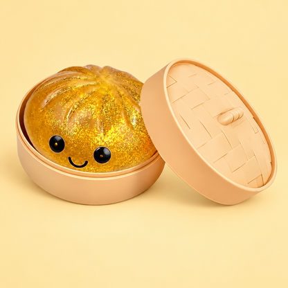 Gold Glitter Dumpling Squishy in its case on a plain pale gold pastel background