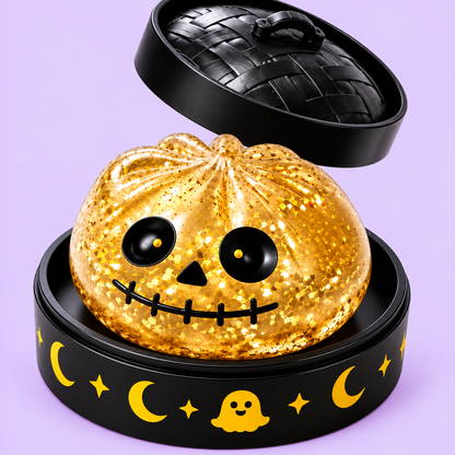 Close view of the golden pumpkin face and stitched smile
