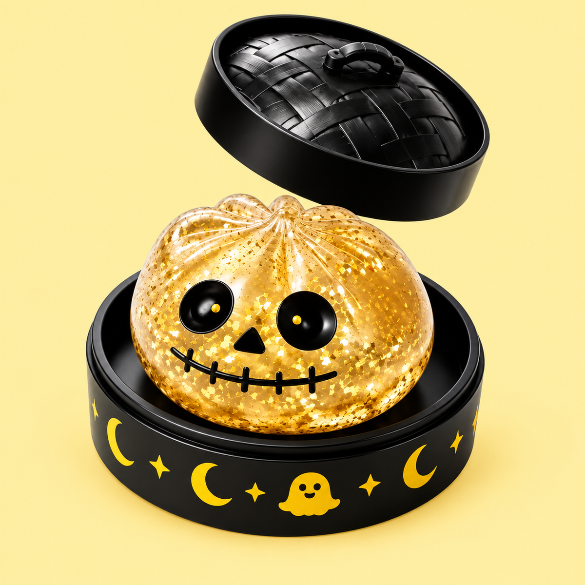 Golden Pumpkin Dumpling Squishy in its black Halloween case