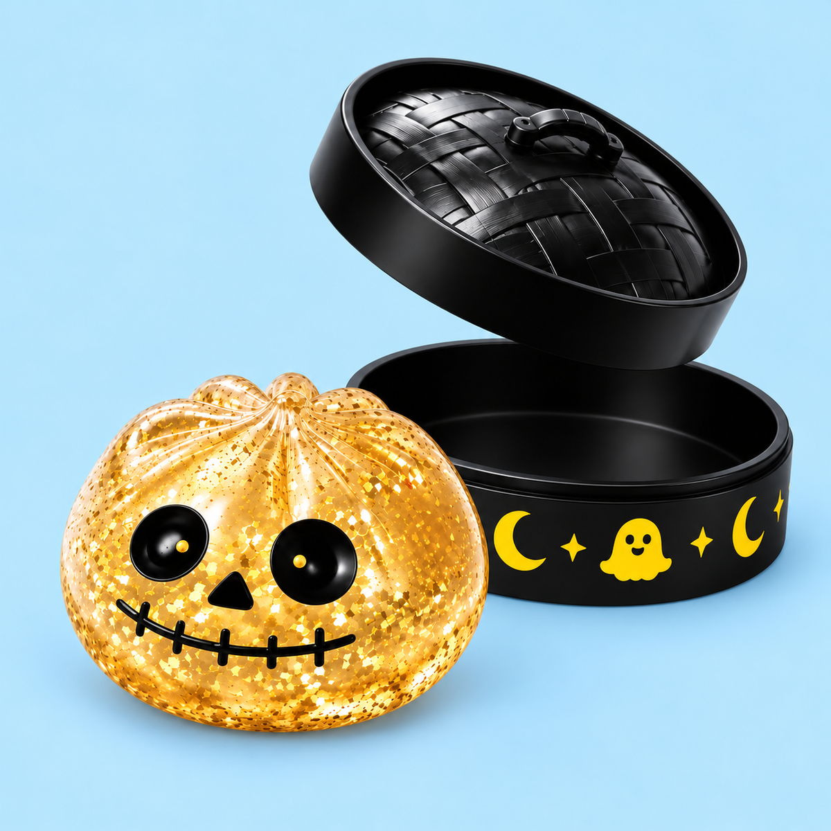 Golden pumpkin squishy shown outside its case