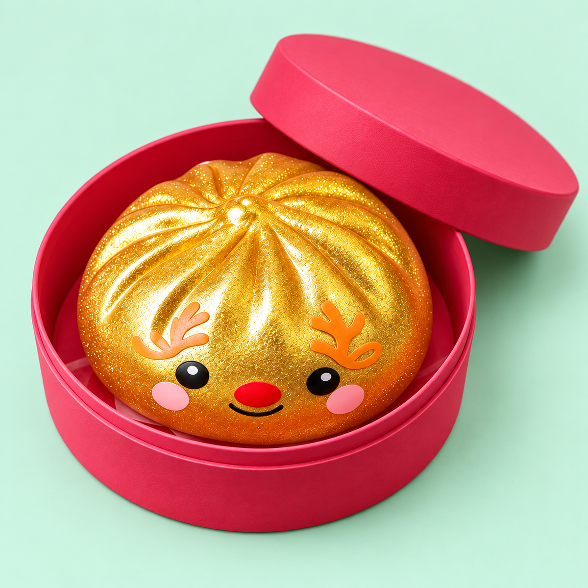 Three quarter view of the gold reindeer dumpling squishy