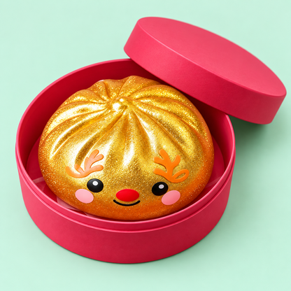 Three quarter view of the gold reindeer dumpling squishy