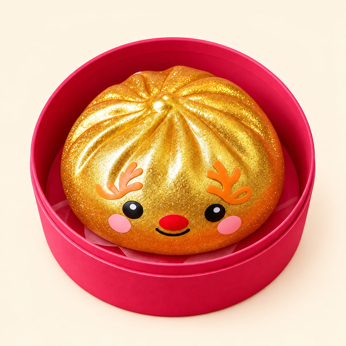 Golden reindeer dumpling squishy nestled in its pink case