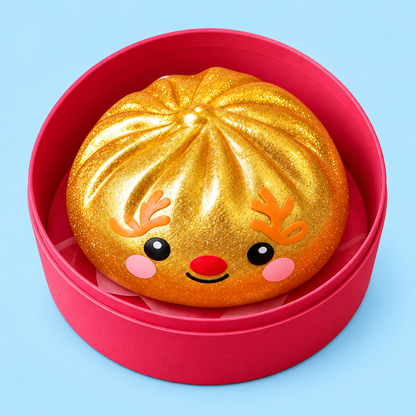 Golden reindeer face with orange antlers, red nose and rosy cheeks