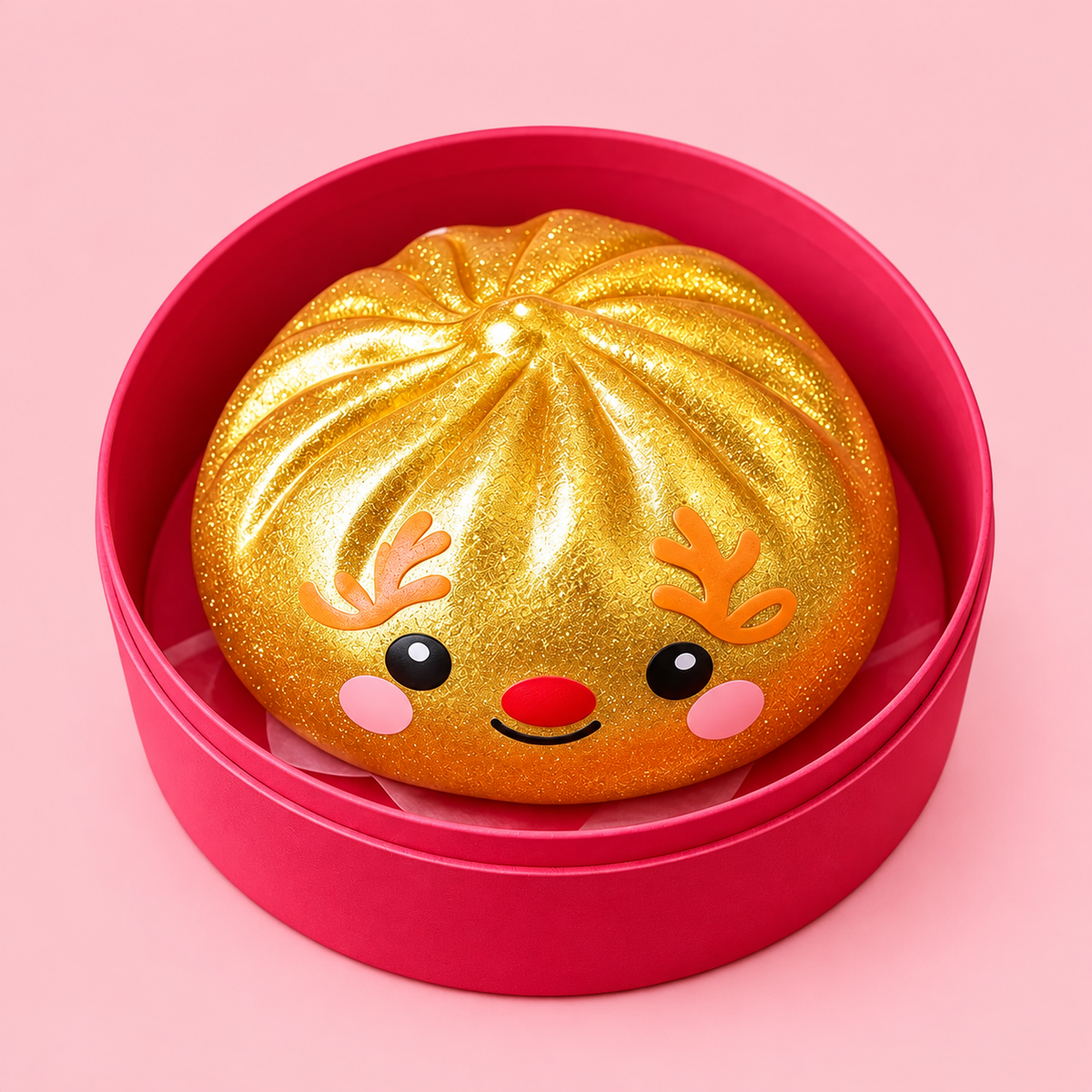 Golden Reindeer Christmas Dumpling Squishy in a pink case