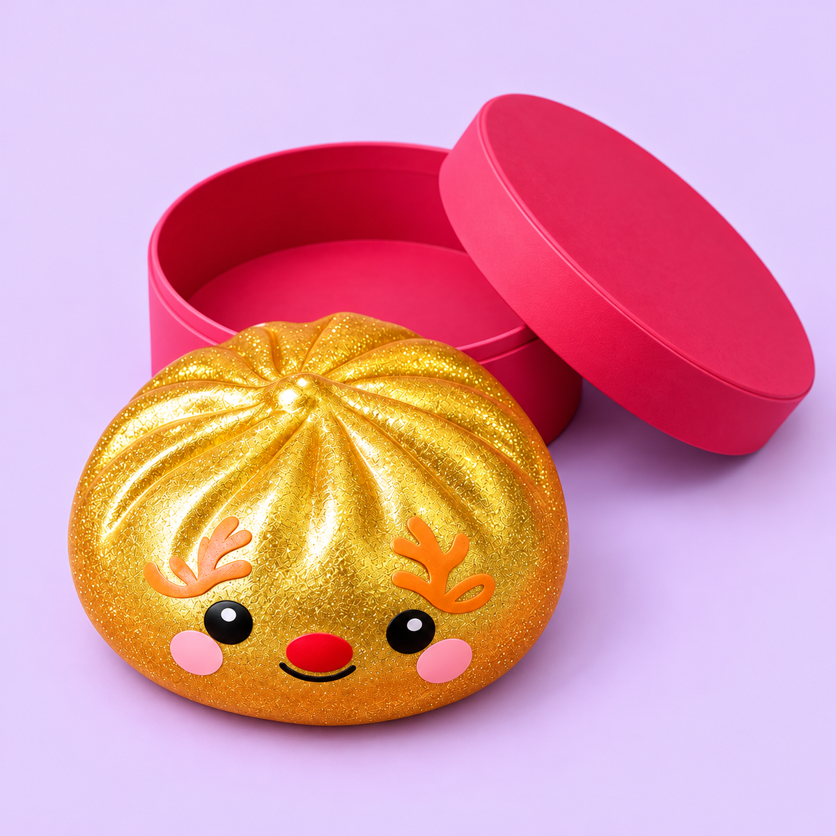 Golden reindeer squishy displayed outside the matching pink case
