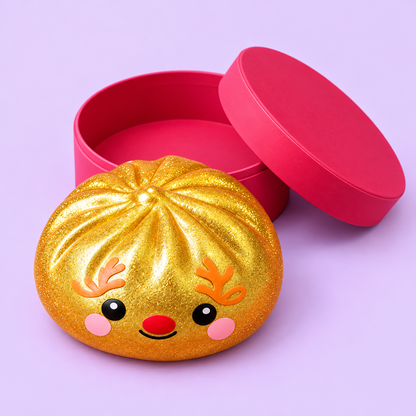 Golden reindeer squishy displayed outside the matching pink case