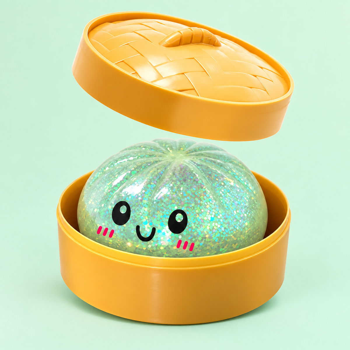 Green Glitter Dumpling Squishy in its case on a plain mint green pastel background