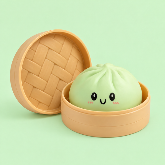 Green Pastel Dumpling Squishy in its case on a plain mint green pastel background