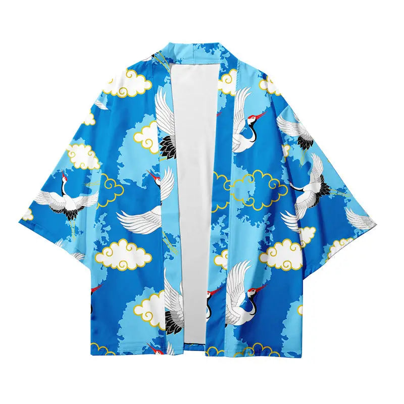 Flying Crane Birds Cloudy Blue Haori