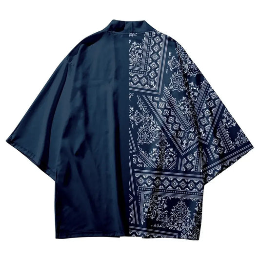 Kanji Haori con motivo cachemire blu scuro