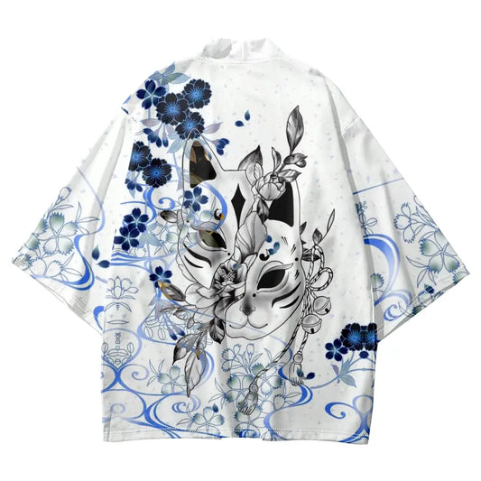 Kitsune blanco Flor azul Haori