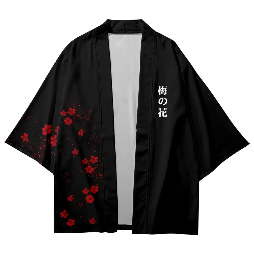 Minimal Red Sakura Kanji Black Haori