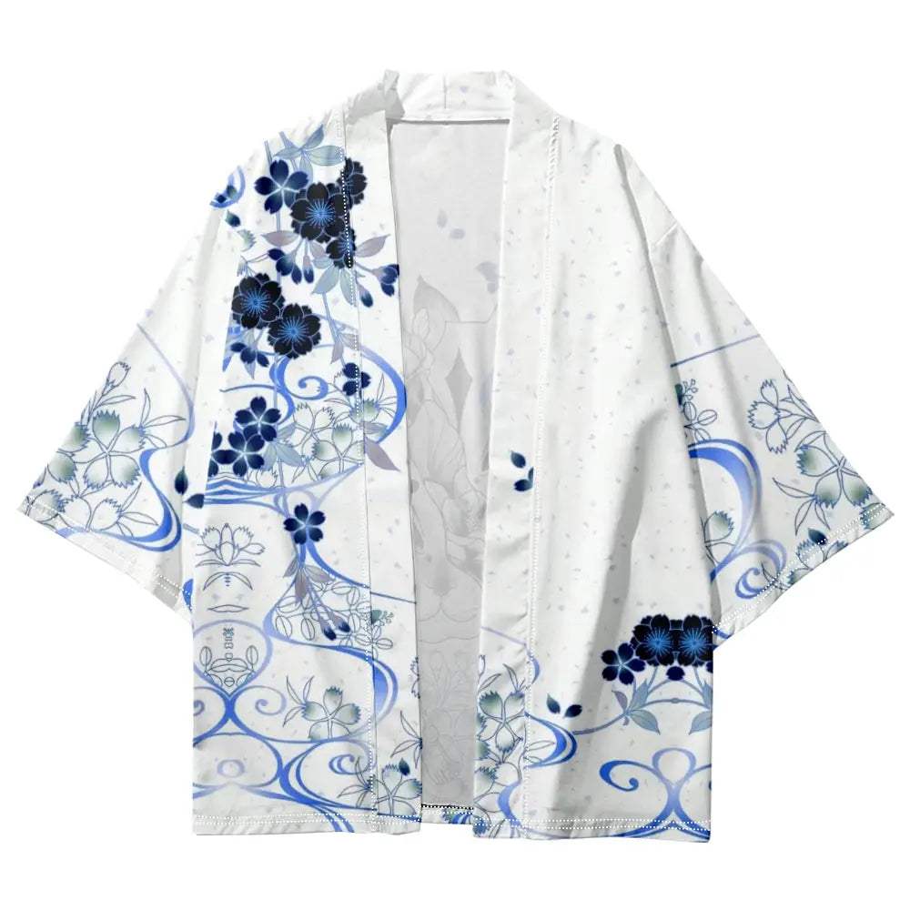 Kitsune blanco Flor azul Haori