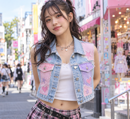 Harajuku street-style view of pastel patchwork denim vest