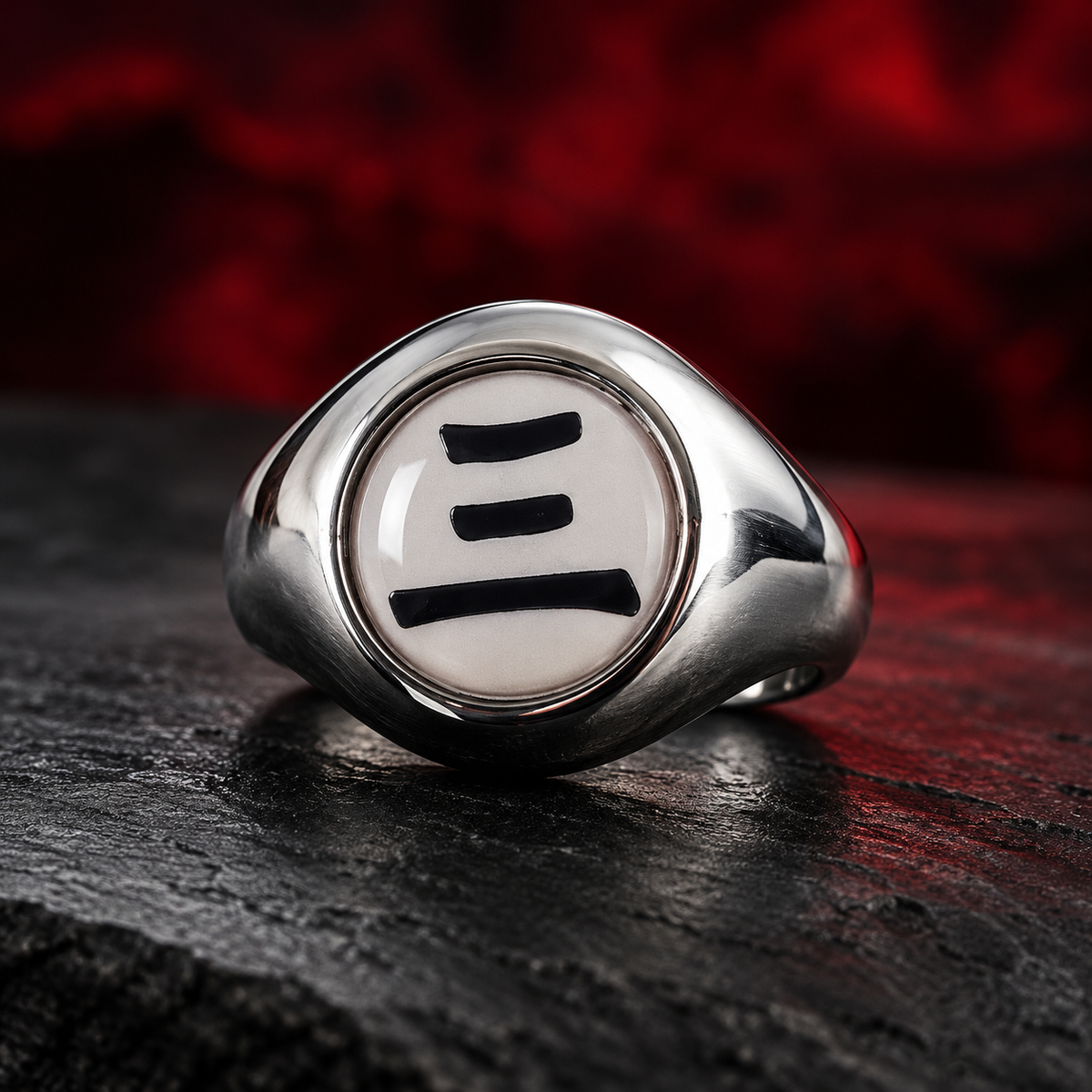 Hidan San Akatsuki ring with pale ivory 三 face on charcoal