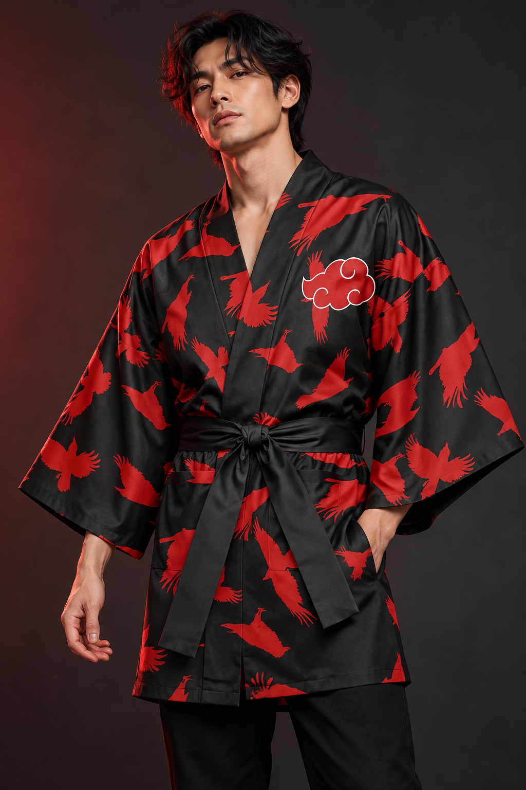 Editorial studio photo of the black and red Itachi Crow kimono