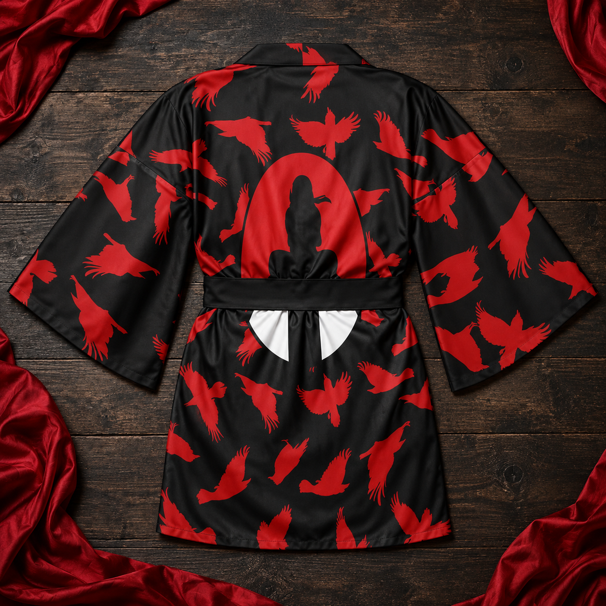 Flat lay of the black kimono with red crow motifs