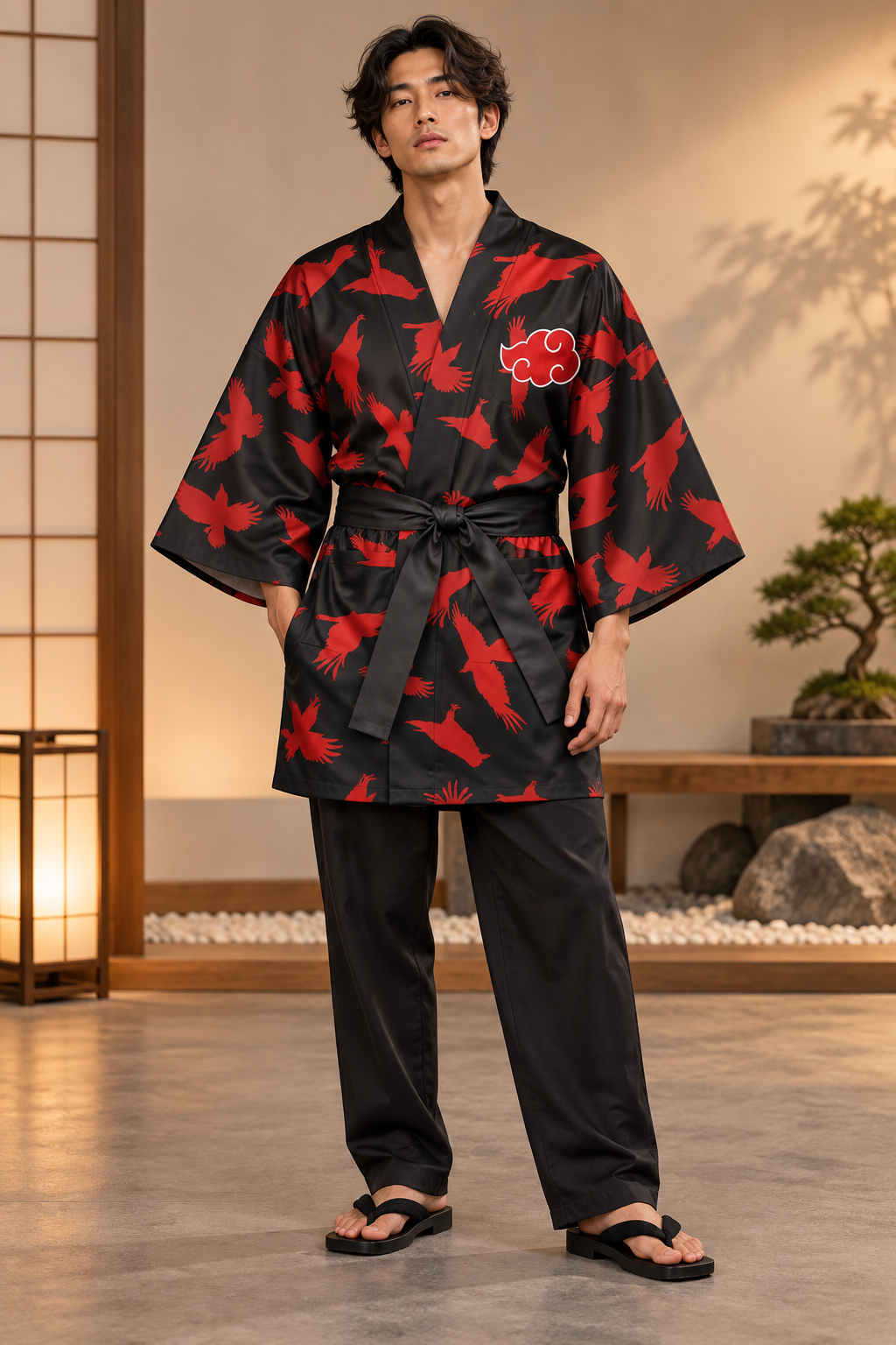 Model wearing Itachi Crow kimono in a warm Japanese-inspired studio