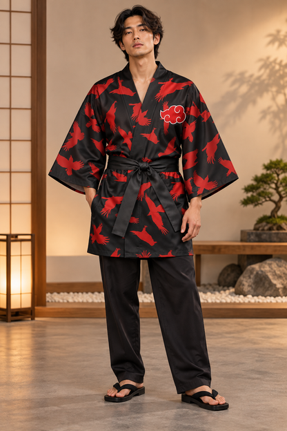 Model wearing Itachi Crow kimono in a warm Japanese-inspired studio