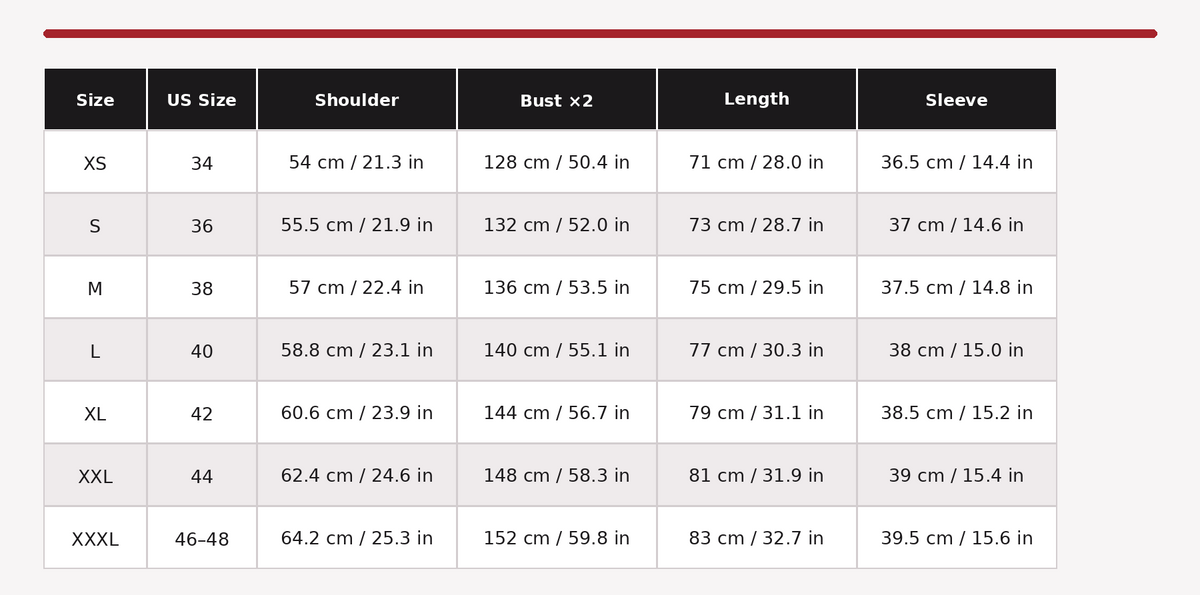 Itachi Crow kimono size chart with measurements in centimeters and inches