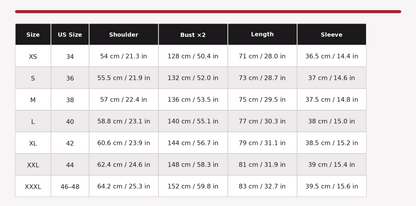 Itachi Crow kimono size chart with measurements in centimeters and inches