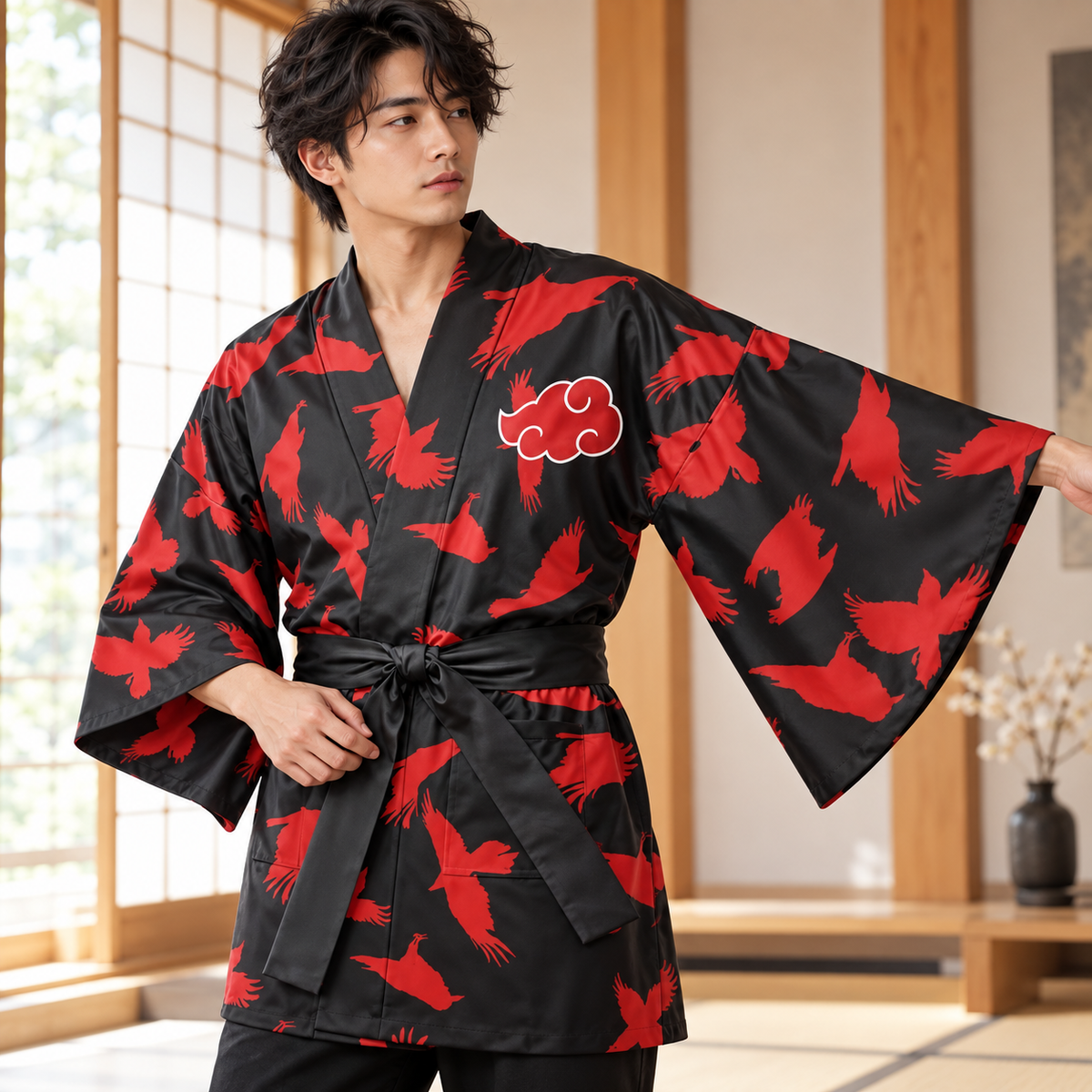 Close view of the Itachi Crow kimono wide sleeve and red crow print