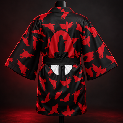 Itachi Crow kimono displayed on a mannequin in a dramatic studio